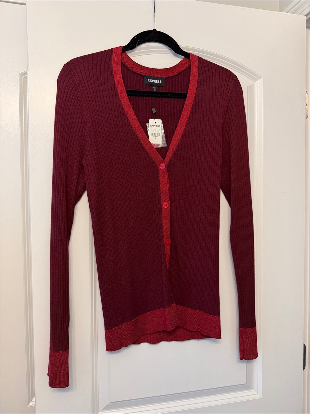 Express Women's Burgundy V-Neck Button Ribbed Cardigan with Red Trim